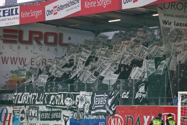 Ried - Sturm Graz
Oesterreichische Fussball Bundesliga, 19. Runde,  SV Ried - SK Sturm Graz, Arena Ried, 17.12.2011. 

Foto zeigt Fans von Sturm mit einer Choreografie
