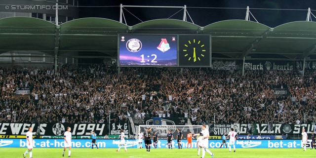 Sturm-Lok Moskau
UEFA Europa League Gruppenphase 1. Spieltag,  SK Sturm Graz - FC Lokomotiv Moskau, Stadion Liebenau, 15.9.2011. 

Foto zeigt Fans von Sturm
