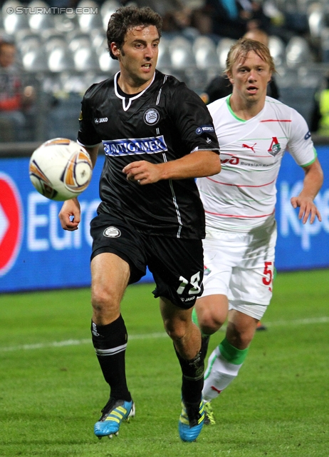 Sturm-Lok Moskau
UEFA Europa League Gruppenphase 1. Spieltag,  SK Sturm Graz - FC Lokomotiv Moskau, Stadion Liebenau, 15.9.2011. 

Foto zeigt Joachim Standfest (Sturm) und Renat Yanbaev (Lok Moskau)
