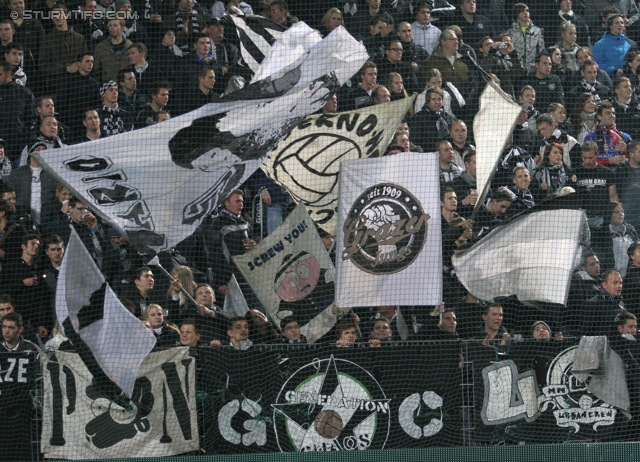 Rapid - Sturm Graz
Oesterreichische Fussball Bundesliga, 13. Runde,  SK Rapid Wien - SK Sturm Graz, Gerhard Hanappi Stadion Wien, 29.10.2011. 

Foto zeigt Fans von Sturm
