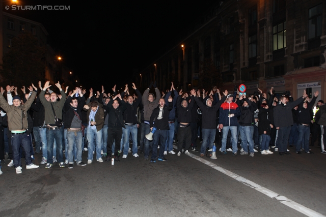 Anderlecht-Sturm
UEFA Europa League Gruppenphase 4. Spieltag, RSC Anderlecht - SK Sturm Graz, Constant Vanden Stock Stadion Anderlecht, 3.11.2011. 

Foto zeigt Fans von Sturm beim Corteo zum Constant Vanden Stock Stadion
