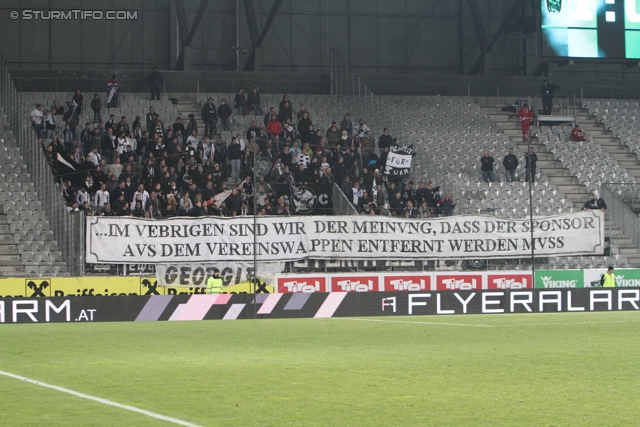 Innsbruck - Sturm Graz
Oesterreichische Fussball Bundesliga, 17. Runde, FC Wacker Innsbruck - SK Sturm Graz, Tivoli Neu Innsbruck, 4.12.2011. 

Foto zeigt Fans von Sturm mit einem Spruchband
Schlüsselwörter: protest