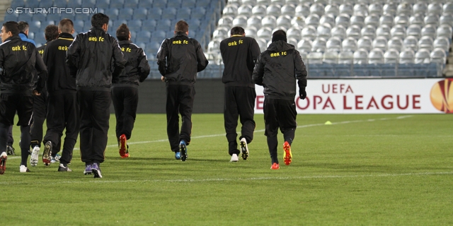 Vorberichte Sturm Graz - AEK Athen
UEFA Europa League Gruppenphase 6. Spieltag,  Vorberichte SK Sturm Graz - AEK Athen, Pressekonferenz und Abschlusstraining, Stadion Liebenau Graz, 13.12.2011. 

Foto zeigt Spieler von AEK Athen
