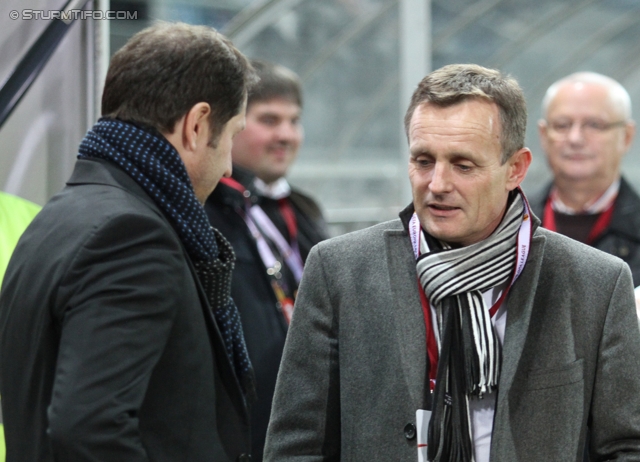 Sturm Graz - AEK Athen
UEFA Europa League Gruppenphase 6. Spieltag, SK Sturm Graz - AEK Athen, Stadion Liebenau Graz, 14.12.2011. 

Foto zeigt Franco Foda (Cheftrainer Sturm) und Gerald Stockenhuber (Praesident Sturm)
