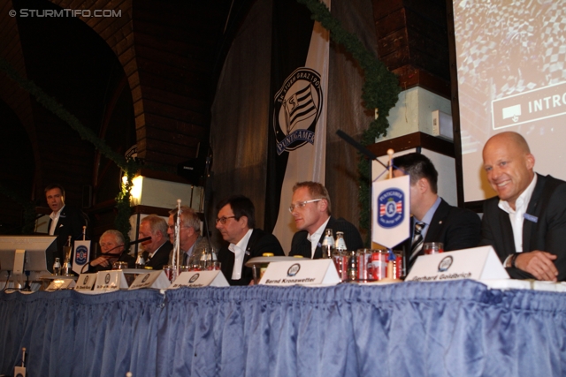 ao. Generalversammlung Sturm
Oesterreichische Fussball Bundesliga, Ausserordentliche Generalversammlung SK Sturm, Brauhaus Puntigam Graz, 17.1.2012. 

Foto zeigt Christian Jauk (Vorstand Sturm), Werner Perscha (Moderator), Hans Fedl (Ehrenpraesident Sturm), Oswin Kois (Vorstand Sturm), Ernst Wustinger (Vorstand Sturm), Peter Schaller (Vorstand Sturm), Bernd Kronawetter (Vorstand Sturm) und Gerhard Goldbrich (Vorstand Sturm)
