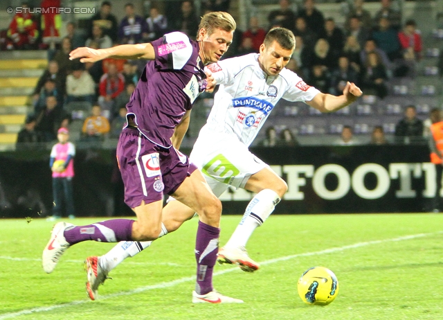 Austria Wien - Sturm Graz
Oesterreichische Fussball Bundesliga, 27. Runde,  FK Austira Wien - SK Sturm Graz, Franz-Horr-Stadion Wien, 24.03.2012. 

Foto zeigt Roman Kienast (Austria) und Milan Dudic (Sturm)
