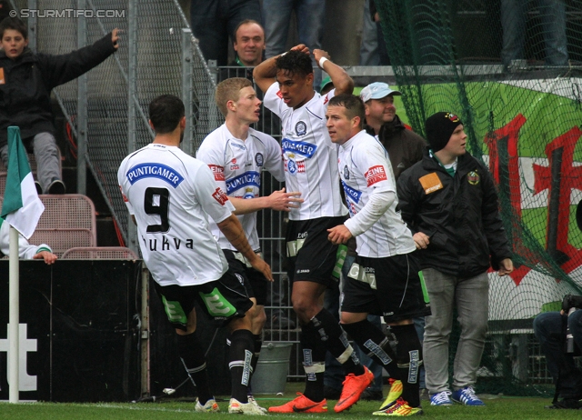 Rapid Wien - Sturm Graz
Oesterreichische Fussball Bundesliga, 31. Runde,  SK Rapid Wien - SK Sturm Graz, Gerhard Hanappi Stadion Wien, 22.04.2012. 

Foto zeigt Haris Bukva (Sturm), Florian Kainz (Sturm), Rubin Rafael Okotie (Sturm) und Christoph Kroepfl (Sturm)
Schlüsselwörter: torjubel