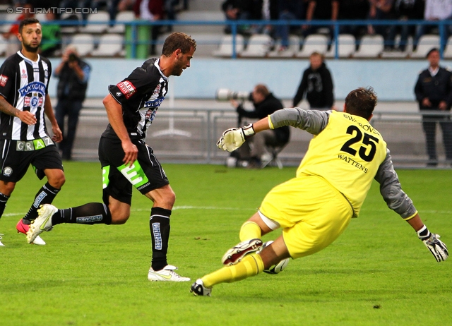 Wattens - Sturm Graz
OEFB Cup, 1. Runde, WSG Wattens - SK Sturm Graz, Alpenstadion Wattens, 13.07.2012. 

Foto zeigt Juergen Saeumel (Sturm) und Ferdinand Oswald (Wattens)
Schlüsselwörter: tor