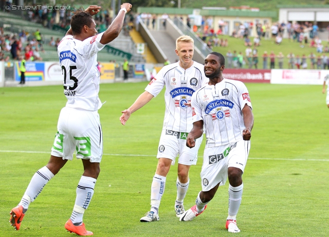 Mattersburg - Sturm Graz
Oesterreichische Fussball Bundesliga, 3. Runde,  SV Mattersburg - SK Sturm Graz, Pappelstadion Mattersburg, 04.08.2012. 

Foto zeigt Rubin Rafael Okotie, Matthias Koch und Richard Sukuta-Pasu (alle Sturm)
