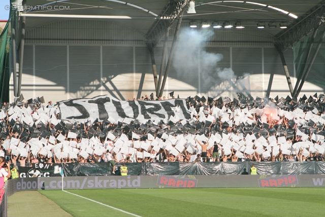 Rapid Wien - Sturm Graz
Oesterreichische Fussball Bundesliga, 5. Runde, SK Rapid Wien - SK Sturm Graz, Gerhard-Hanappi-Stadion Wien, 18.08.2012. 

Foto zeigt Fans von Sturm mit einer Choreografie
