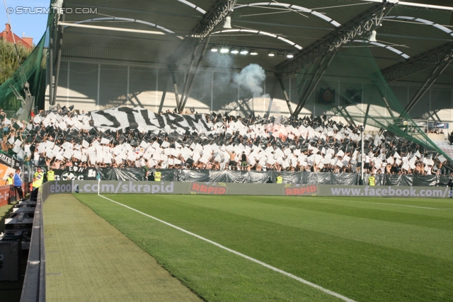 Rapid Wien - Sturm Graz
Oesterreichische Fussball Bundesliga, 5. Runde, SK Rapid Wien - SK Sturm Graz, Gerhard-Hanappi-Stadion Wien, 18.08.2012. 

Foto zeigt Fans von Sturm mit einer Choreografie
