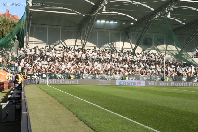 Rapid Wien - Sturm Graz
Oesterreichische Fussball Bundesliga, 5. Runde, SK Rapid Wien - SK Sturm Graz, Gerhard-Hanappi-Stadion Wien, 18.08.2012. 

Foto zeigt Fans von Sturm mit einer Choreografie
