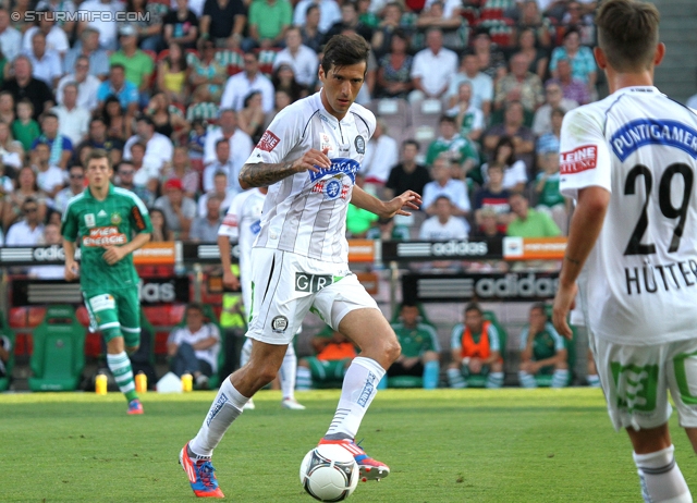 Rapid Wien - Sturm Graz
Oesterreichische Fussball Bundesliga, 5. Runde, SK Rapid Wien - SK Sturm Graz, Gerhard-Hanappi-Stadion Wien, 18.08.2012. 

Foto zeigt Nikola Vujadinovic (Sturm) und Philipp Huetter (Sturm)
