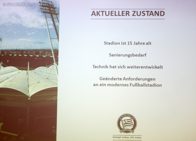 Zukunftsperspektiven UPC Arean
Oesterreichische Fussball Bundesliga, Praesentation Zukunftsperspektiven UPC Arena, VIP Club Stadion Liebenau Graz, 10.09.2012.

Foto zeigt die Videowall
