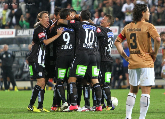 Sturm Graz - Innsbruck
Oesterreichische Fussball Bundesliga, 8. Runde, SK Sturm Graz - FC Wacker Innsbruck, Stadion Liebenau Graz, 15.09.2012. 

Foto zeigt Andreas Hoelzl (Sturm), Haris Bukva (Sturm), Darko Bodul (Sturm), Christoph Kroepfl (Sturm) und Tomas Abraham (Innsbruck)
Schlüsselwörter: torjubel