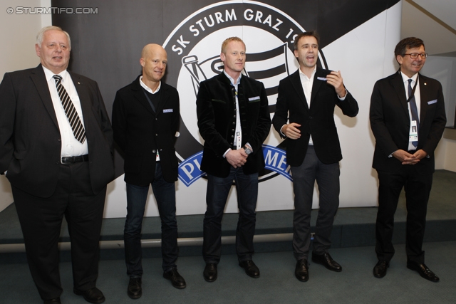 Sturm Mitgliederehrung
Oesterreichische Fussball Bundesliga, SK Sturm Graz Mitgliederehrung, Stadion Liebenau Graz, 17.11.2012. 

Foto zeigt Hans Fedl (Ehrenpraesident Sturm), Gerhard Goldbrich (General Manager Sturm), Peter Schaller (Vorstand Sturm), Christian Jauk (Praesident Sturm) und Ernst Wustinger (Vorstand Sturm) 
