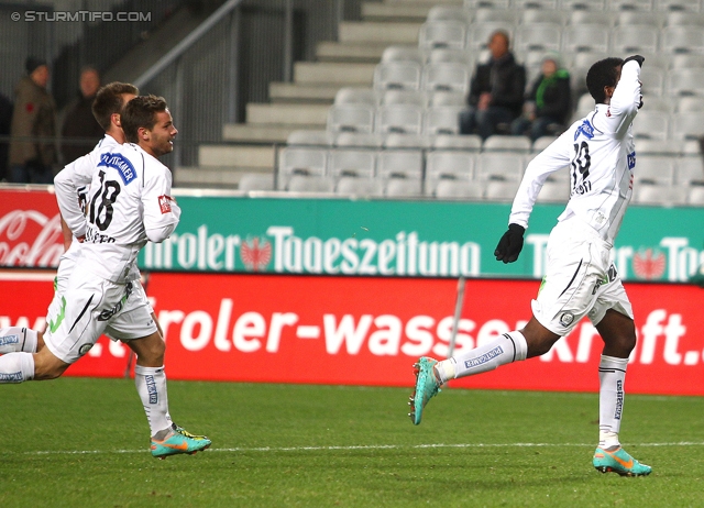 Innsbruck - Sturm Graz
Oesterreichische Fussball Bundesliga, 17. Runde,  FC Wacker Innsbruck - SK Sturm Graz, Tivoli Stadion Innsbruck, 24.11.2012. 

Foto zeigt Richard Sukuta-Pasu (Sturm)
Schlüsselwörter: torjubel