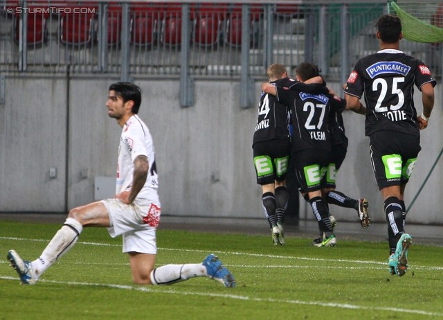 Wolfsberg - Sturm Graz
Oesterreichische Fussball Bundesliga, 13. Runde, Wolfsberg AC - SK Sturm Graz, Woerthereestadion Klagenfurt, 27.11.2012. 

Foto zeigt David De Paula Gallardo (Wolfsberg), Florian Kainz (Sturm), Christian Klem (Sturm) und Rubin Rafael Okotie (Sturm)
Schlüsselwörter: torjubel