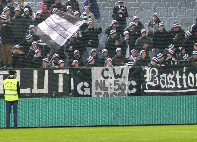 Rapid Wien - Sturm Graz
Oesterreichische Fussball Bundesliga, 23. Runde, SK Rapid Wien - SK Sturm Graz, Gerhard Hanappi Stadion Wien, 23.02.2013. 

Foto zeigt Fans von Sturm mit einem Spruchband
