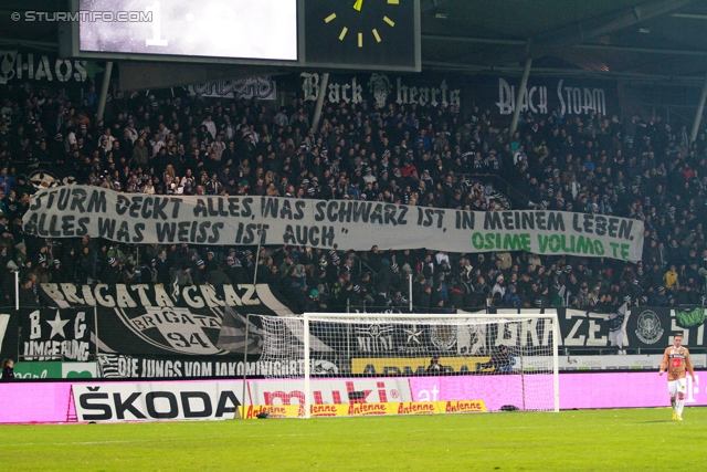 Sturm Graz - Innsbruck
Oesterreichische Fussball Bundesliga, 26. Runde, SK Sturm Graz - FC Wacker Innsbruck, Stadion Liebenau Graz, 16.03.2013. 

Foto zeigt Fans von Sturm mit einem Spruchband
