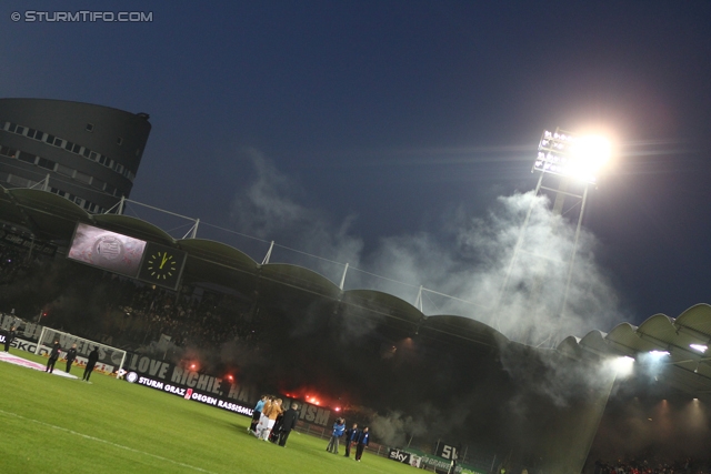 Sturm Graz - Innsbruck
Oesterreichische Fussball Bundesliga, 26. Runde, SK Sturm Graz - FC Wacker Innsbruck, Stadion Liebenau Graz, 16.03.2013. 

Foto zeigt Fans von Sturm mit einer Choreografie
Schlüsselwörter: pyrotechnik