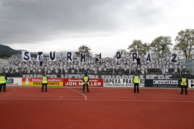 Wolfsberg - Sturm Graz
Oesterreichische Fussball Bundesliga, 31. Runde, Wolfsberger AC - SK Sturm Graz, Lavanttal Arena Wolfsberg, 27.04.2013. 

Foto zeigt Fans von Sturm mit einer Choreografie
