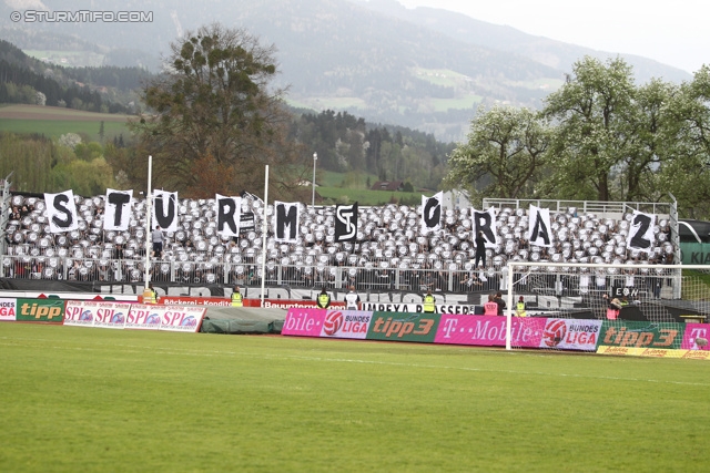 Wolfsberg - Sturm Graz
Oesterreichische Fussball Bundesliga, 31. Runde, Wolfsberger AC - SK Sturm Graz, Lavanttal Arena Wolfsberg, 27.04.2013. 

Foto zeigt Fans von Sturm mit einer Choreografie
