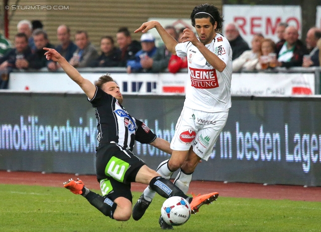 Wolfsberg - Sturm Graz
Oesterreichische Fussball Bundesliga, 31. Runde, Wolfsberger AC - SK Sturm Graz, Lavanttal Arena Wolfsberg, 27.04.2013. 

Foto zeigt David Schloffer (Sturm) und Michele Polverino (Wolfsberg)
