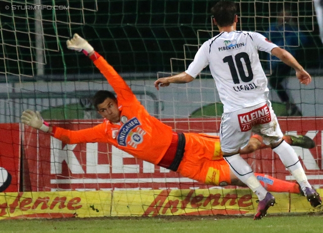 Wolfsberg - Sturm Graz
Oesterreichische Fussball Bundesliga, 31. Runde, Wolfsberger AC - SK Sturm Graz, Lavanttal Arena Wolfsberg, 27.04.2013. 

Foto zeigt Johannes Focher (Sturm) und Michael Liendl (Wolfsberg)
Schlüsselwörter: elfmeter tor