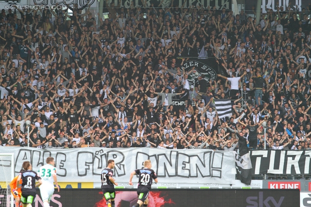 Sturm Graz - Rapid Wien
Oesterreichische Fussball Bundesliga, 32. Runde, SK Sturm Graz - SK Rapid Wien, Stadion Liebenau Graz, 05.05.2013. 

Foto zeigt Fans von Sturm mit einem Spruchband
