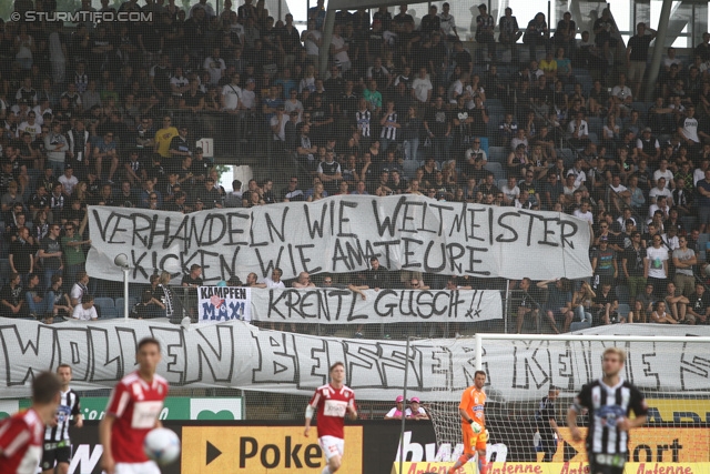 Sturm Graz - Ried
Oesterreichische Fussball Bundesliga, 34. Runde, SK Sturm Graz - SV Ried, Stadion Liebenau Graz, 19.05.2013. 

Foto zeigt Fans von Sturm mit einem Spruchband
Schlüsselwörter: protest