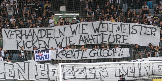 Sturm Graz - Ried
Oesterreichische Fussball Bundesliga, 34. Runde, SK Sturm Graz - SV Ried, Stadion Liebenau Graz, 19.05.2013. 

Foto zeigt Fans von Sturm mit einem Spruchband
Schlüsselwörter: protest