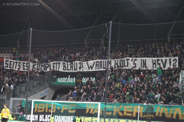 Wacker Innsbruck - Sturm Graz
Oesterreichische Fussball Bundesliga, 35. Runde, FC Wacker Innsbruck - SK Sturm Graz, Tivoli Neu Innsbruck, 22.05.2013. 

Foto zeigt Fans von Wacker Innsbruck mit einem Spruchband
Schlüsselwörter: protest