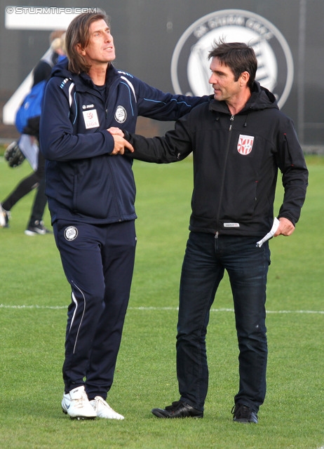 Sturm Amateure - St. Florian
Regionalliga Mitte, 30. Runde,  Sturm Graz Amateure - Union St. Florian, Trainingszentrum Messendorf, 01.06.2013. 

Foto zeigt Stojadin Rajkovic (Cheftrainer Sturm Amateure) und Wilhelm Wahlmueller (Cheftrainer St. Florian)
