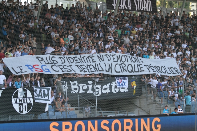 Sturm Graz - Paris SG
Testspiel,  SK Sturm Graz - Paris Saint Germain, Stadion Liebenau Graz, 09.07.2013. 

Foto zeigt Fans von Sturm mit einem Spruchband
