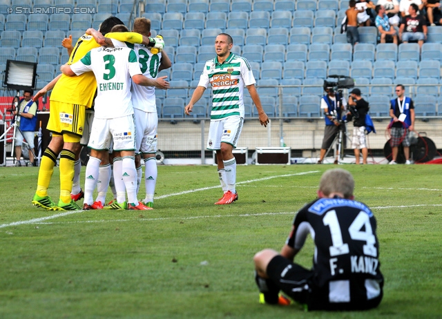 Sturm Graz - Rapid Wien
Oesterreichische Fussball Bundesliga, 3. Runde, SK Sturm Graz - SK Rapid Wien, Stadion Liebenau Graz, 04.08.2013. 

Foto zeigt Jan Novota (Rapid), Brian Behrendt (Rapid), Guido Burgstaller (Rapid) und Florian Kainz (Sturm)
