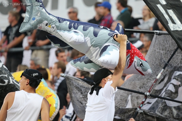 Admira Wacker - Sturm Graz
Oesterreichische Fussball Bundesliga, 4. Runde, FC Admira Wacker Moedling - SK Sturm Graz, Stadion Suedstadt Maria Enzersdorf, 10.08.2013. 

Foto zeigt Fans von Sturm
