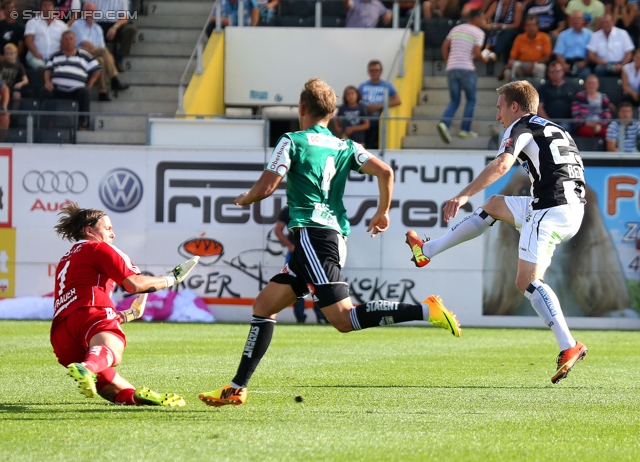 Ried - Sturm Graz
Oesterreichische Fussball Bundesliga, 6. Runde, SV Ried - SK Sturm Graz, Arena Ried, 24.08.2013. 

Foto zeigt Thomas Gebauer (Ried), Marcel Ziegl (Ried) und Robert Beric (Sturm)
