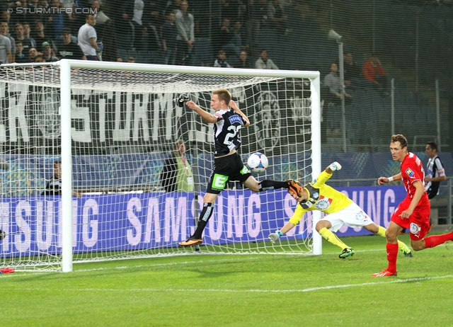 Sturm Graz - Wiener Neustadt
OEFB Cup, 2. Runde, SK Sturm Graz - SC Wiener Neustadt, Stadion Liebenau Graz, 25.09.2013. 

Foto zeigt Robert Beric (Sturm) und Joerg Siebenhandl (Wr. Neustadt)
