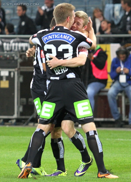 Sturm Graz - Innsbruck
Oesterreichische Fussball Bundesliga, 10. Runde, SK Sturm Graz - FC Wacker Innsbruck, Stadion Liebenau Graz, 28.09.2013. 

Foto zeigt Robert Beric (Sturm) und Florian Kainz (Sturm)
Schlüsselwörter: torjubel