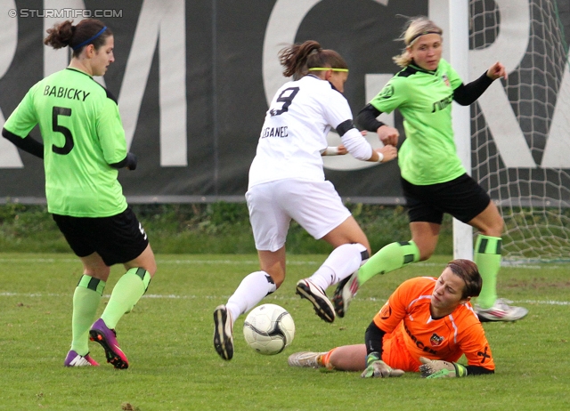 Sturm Damen - St. Poelten
OEFB Frauenliga, 6. Runde,  SK Sturm Graz Damen - FSK St. Poelten-Spratzern, Trainingszentrum Messendorf, 05.10.2013. 

Foto zeigt Gina Babicky (St. Poelten), Urska Zganec (Sturm Damen) und Carina Buchberger (St. Poelten)
Schlüsselwörter: tor