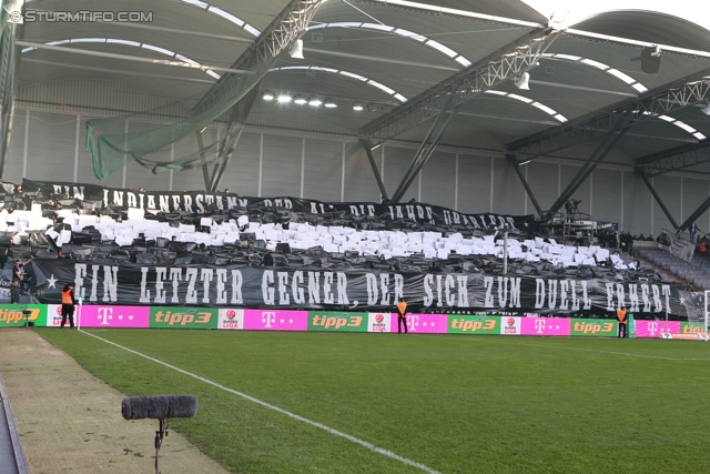 Rapid Wien - Sturm Graz
Oesterreichische Fussball Bundesliga, 12. Runde, SK Rapid Wien - SK Sturm Graz, Gerhard Hanappi Stadion Wien, 20.10.2013. 

Foto zeigt Fans von Sturm mit einer Choreografie
