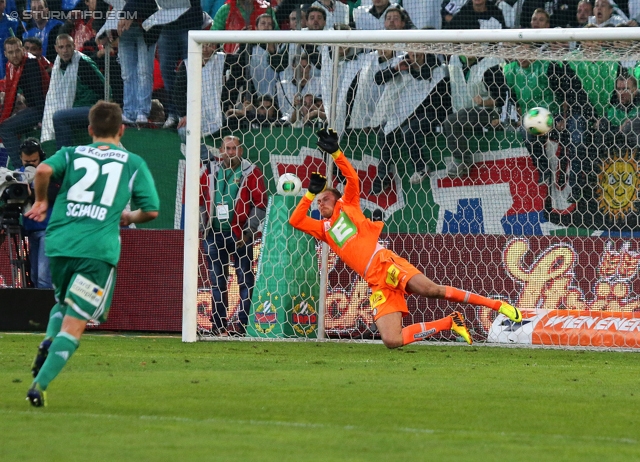 Rapid Wien - Sturm Graz
Oesterreichische Fussball Bundesliga, 12. Runde, SK Rapid Wien - SK Sturm Graz, Gerhard Hanappi Stadion Wien, 20.10.2013. 

Foto zeigt Louis Schaub (Rapid) und Benedikt Pliquett (Sturm)
Schlüsselwörter: elfmeter tor