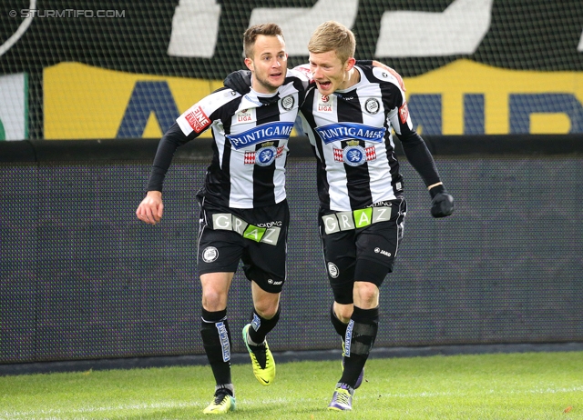 Sturm Graz - Ried
Oesterreichische Fussball Bundesliga, 15. Runde, SK Sturm Graz - SV Ried, Stadion Liebenau Graz, 27.11.2013. 

Foto zeigt Christian Klem (Sturm) und Florian Kainz (Sturm)
Schlüsselwörter: torjubel
