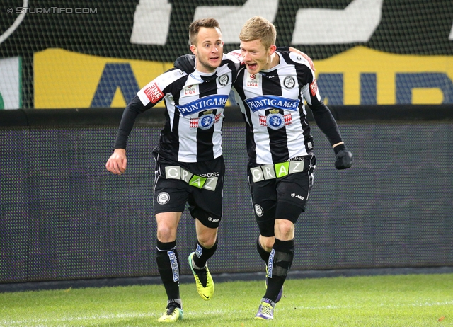 Sturm Graz - Ried
Oesterreichische Fussball Bundesliga, 15. Runde, SK Sturm Graz - SV Ried, Stadion Liebenau Graz, 27.11.2013. 

Foto zeigt Christian Klem (Sturm) und Florian Kainz (Sturm)
Schlüsselwörter: torjubel