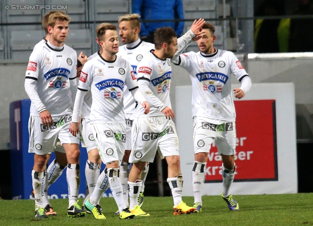 Innsbruck - Sturm Graz
Oesterreichische Fussball Bundesliga, 19. Runde,FC Wacker Innsbruck - SK Sturm Graz, Tivoli Stadion Innsbruck, 07.12.2013. 

Foto zeigt Manuel Weber (Sturm), Christian Klem (Sturm), David Schloffer (Sturm) und Philipp Huetter (Sturm)
Schlüsselwörter: torjubel