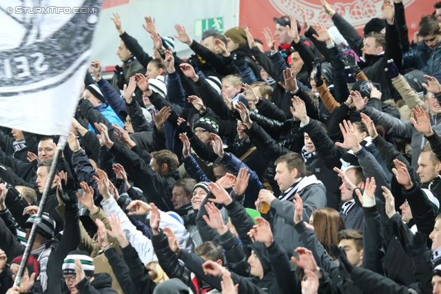 Admira Wacker - Sturm Graz
Oesterreichische Fussball Bundesliga, 22. Runde, FC Admira Wacker - SK Sturm Graz, Stadion Suedstadt Maria Enzersdorf, 08.02.2014. 

Foto zeigt Fans von Sturm
