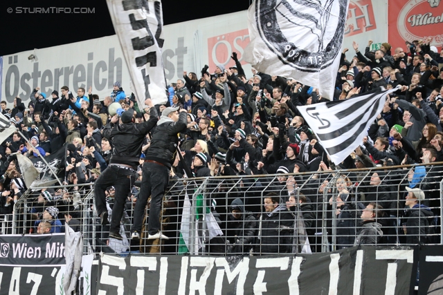 Admira Wacker - Sturm Graz
Oesterreichische Fussball Bundesliga, 22. Runde, FC Admira Wacker - SK Sturm Graz, Stadion Suedstadt Maria Enzersdorf, 08.02.2014. 

Foto zeigt Fans von Sturm
