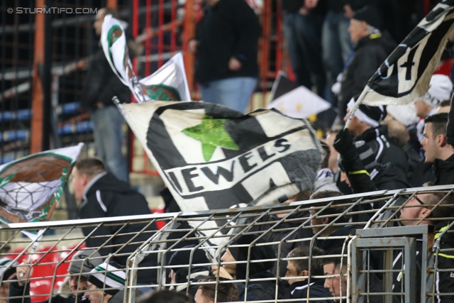 Admira Wacker - Sturm Graz
Oesterreichische Fussball Bundesliga, 22. Runde, FC Admira Wacker - SK Sturm Graz, Stadion Suedstadt Maria Enzersdorf, 08.02.2014. 

Foto zeigt Fans von Sturm
