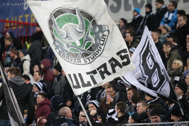 Admira Wacker - Sturm Graz
Oesterreichische Fussball Bundesliga, 22. Runde, FC Admira Wacker - SK Sturm Graz, Stadion Suedstadt Maria Enzersdorf, 08.02.2014. 

Foto zeigt Fans von Sturm
